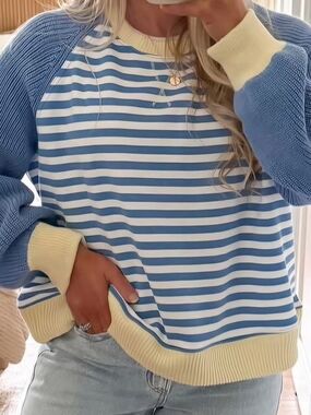 382 Le Lis Blue and White Striped Top with Yellow Rib Trim